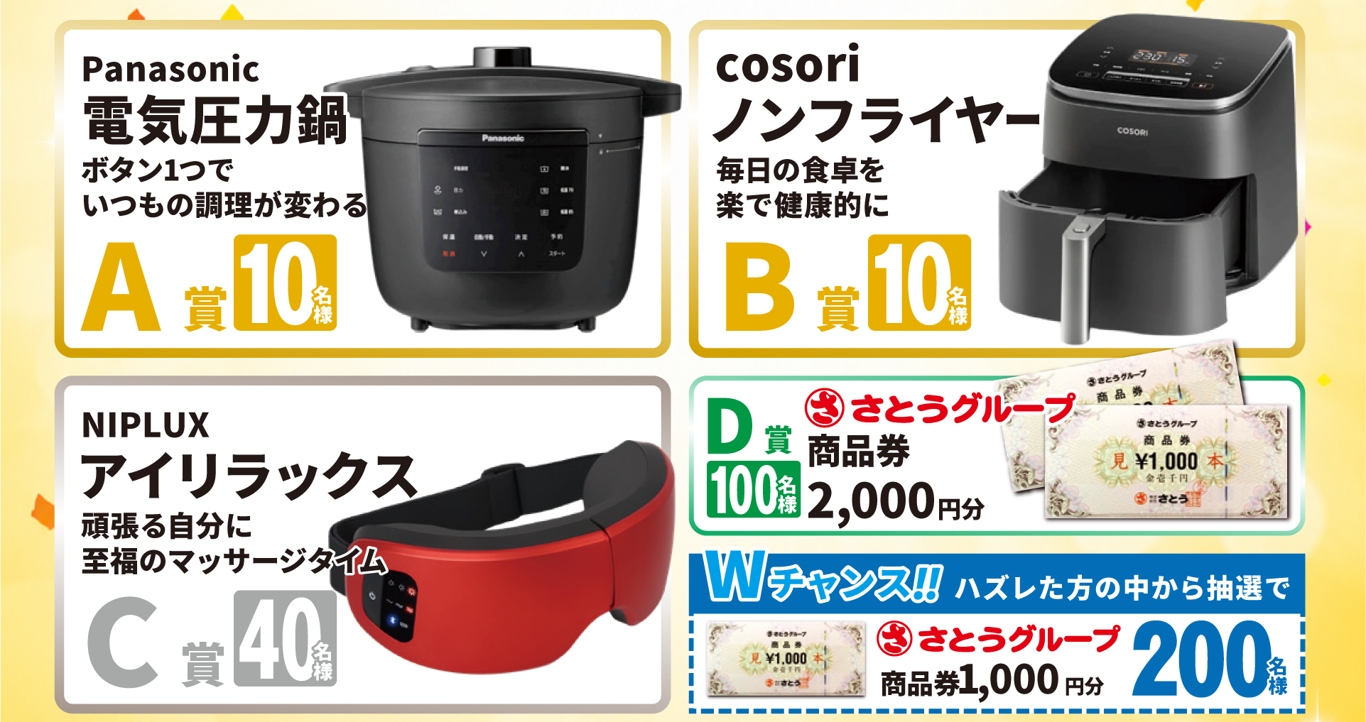 賞品一覧：A賞 電気圧力鍋, B賞 ノンフライヤー, C賞 アイリラックス, D賞 商品券, Wチャンス