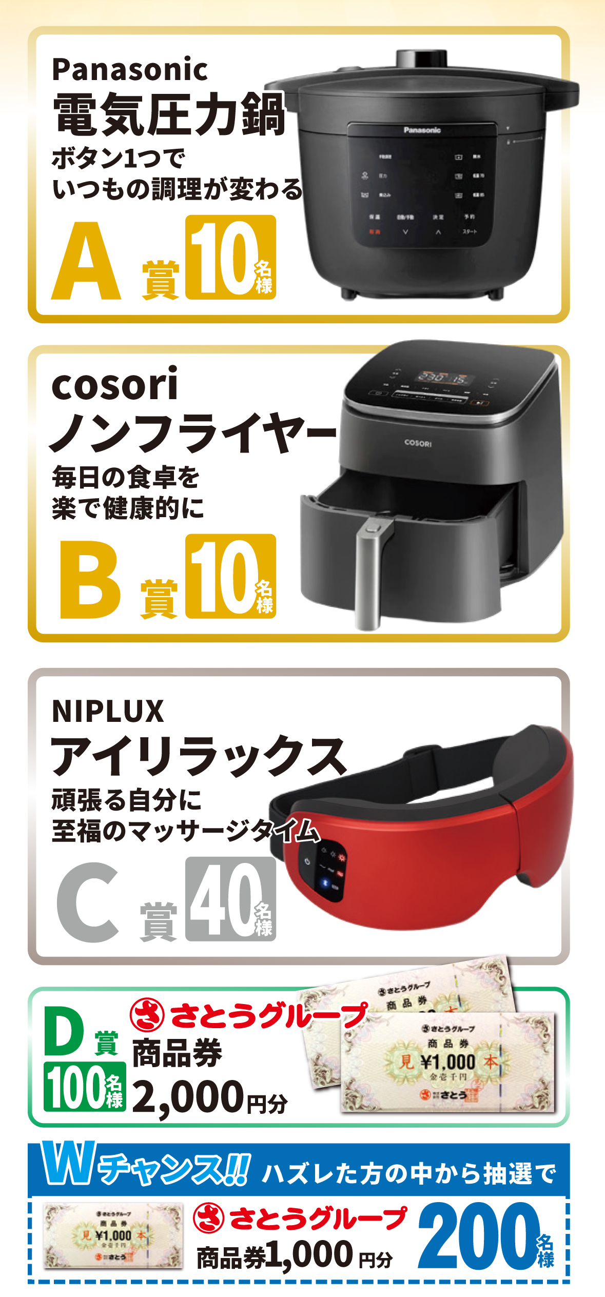 賞品一覧：A賞 電気圧力鍋, B賞 ノンフライヤー, C賞 アイリラックス, D賞 商品券, Wチャンス
